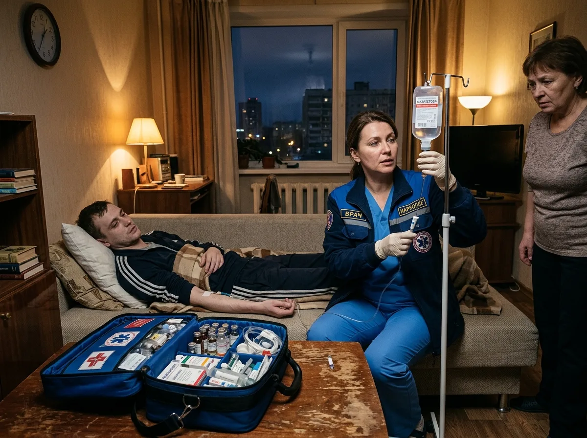 Врач-нарколог приезжает на вызов домой к пациенту в Екатеринбурге, медицинская сумка с препаратами для капельницы, ночное время, срочная помощь
